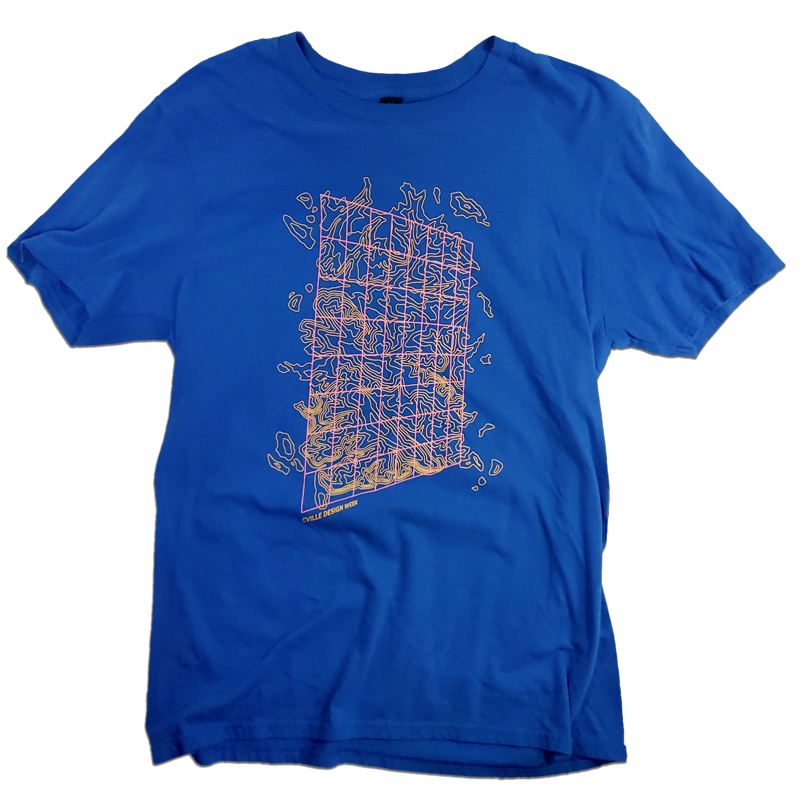 blue tshirt with design week graphic