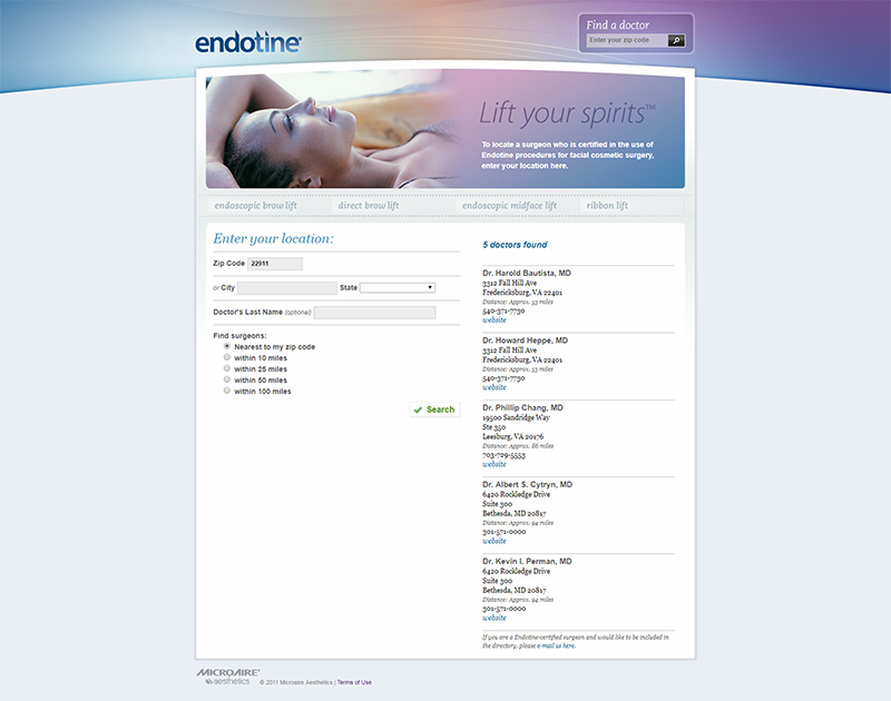previous design of facelift webpage for surgeon search