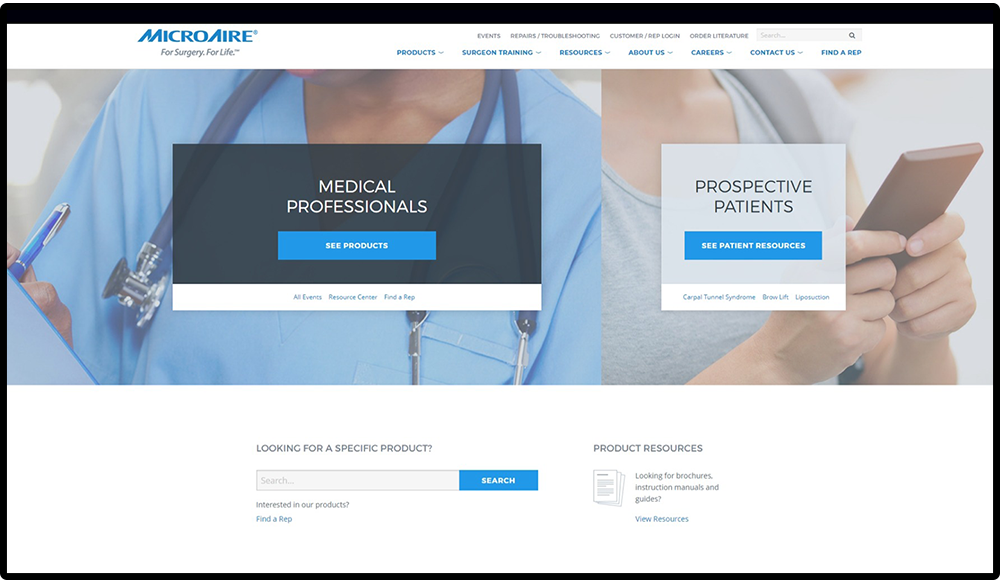 landing page for medical device company